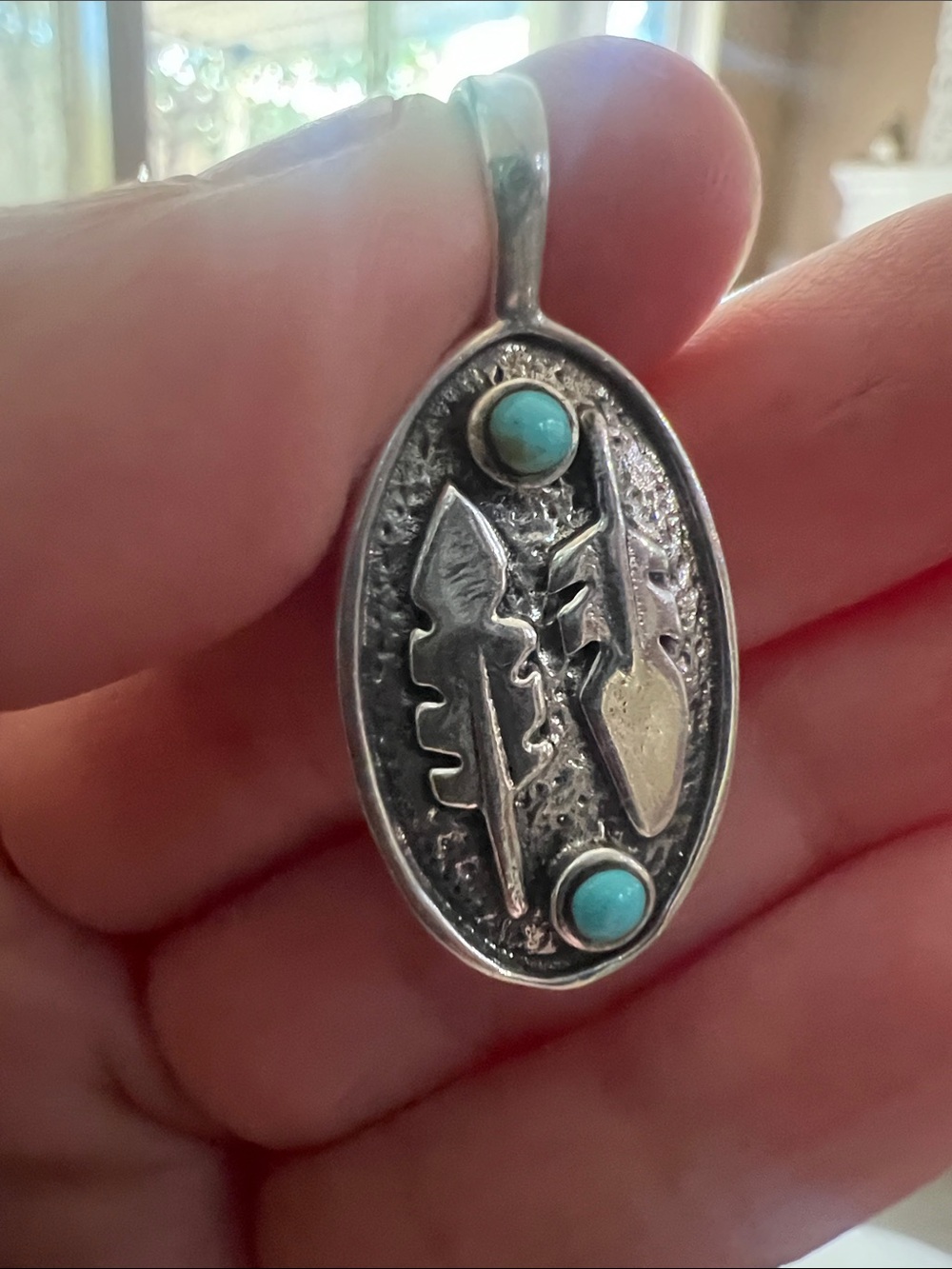 Sterling Silver Oval Feather Pendant with Genuine Turquoise stones